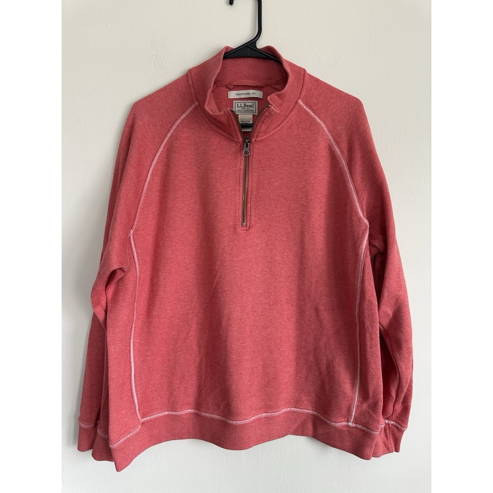 LL Bean Sweater Mens Large Red 100% Cotton Contrast Stitch 1/4 Quarter Zip